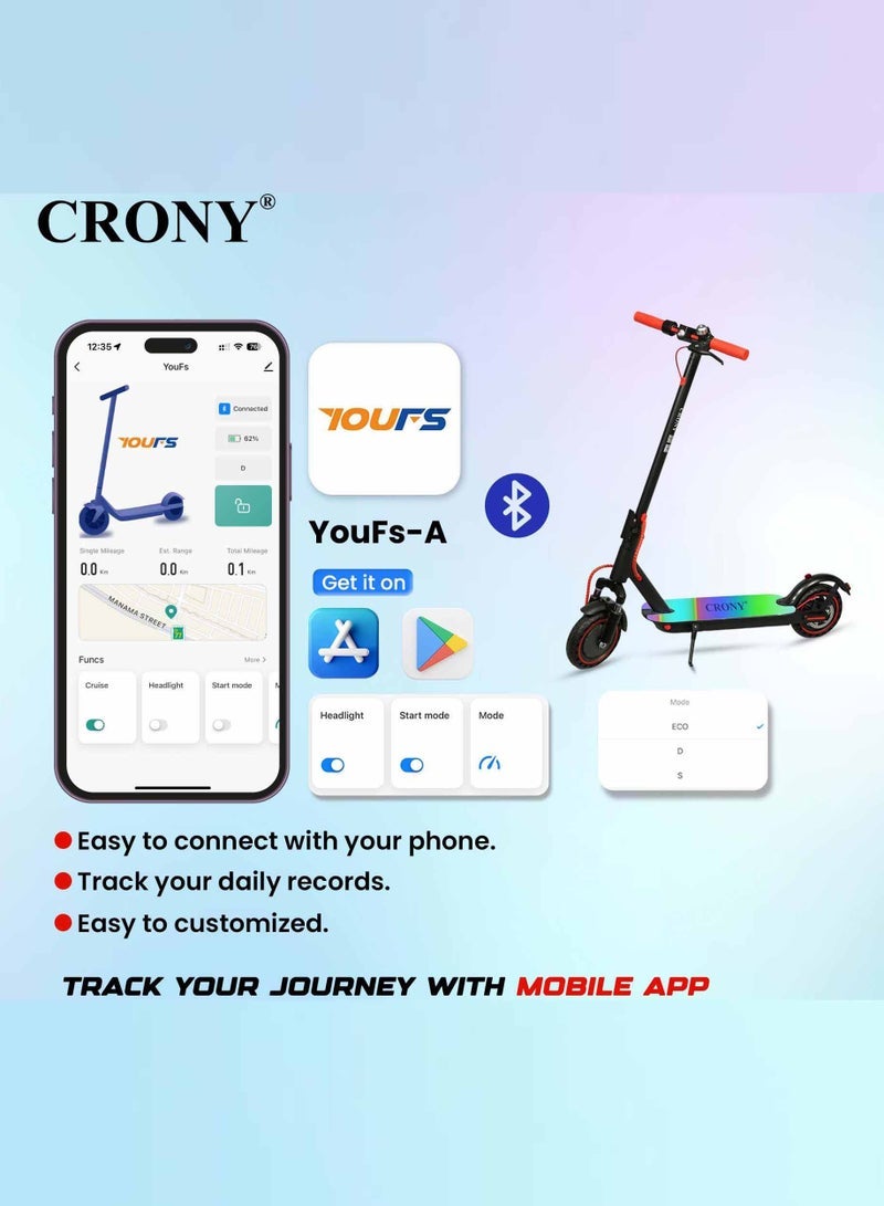 Crony M365 7 Colors E-Scooter 250W Motor, 25-45KM/H Speed, 10-25KM Range, Front Suspension, Durable Honeycomb Tires,Smart App Control,Aluminum Alloy Frame, 100KG Max Load, 36V/7.8AH Battery,Easy Folding, LED Light Base, Commuter Electric Scooter for Adults & Kids, Portable, Lightweight Design, Durable Honeycomb Tires, Bluetooth Connectivity, Ideal for Daily Commute & Leisure Rides, 3-5 Hours Charging Time, Normal/Disc Brakes, IPX4 Waterproof, 7 Colors LED Deck Lights，Red - Image 5
