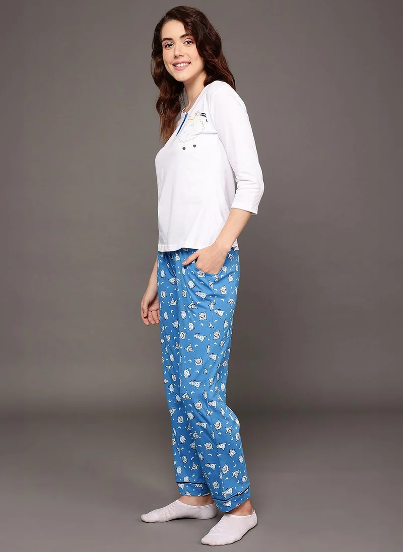 كلوفيا Clovia Sheep Print Top in White & Pyjama in Cobalt Blue - 100% Cotton