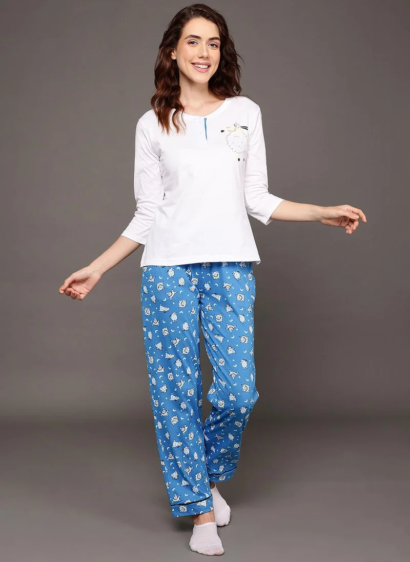 كلوفيا Clovia Sheep Print Top in White & Pyjama in Cobalt Blue - 100% Cotton