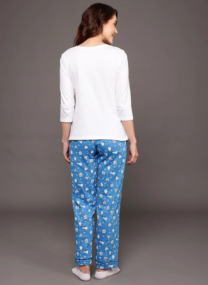 Clovia White Clovia Sheep Print Top in White & Pyjama in Cobalt Blue - 100% Cotton for Women | Best Price UAE