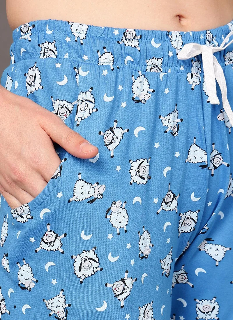 Clovia White Clovia Sheep Print Top in White & Pyjama in Cobalt Blue - 100% Cotton for Women | Best Price UAE