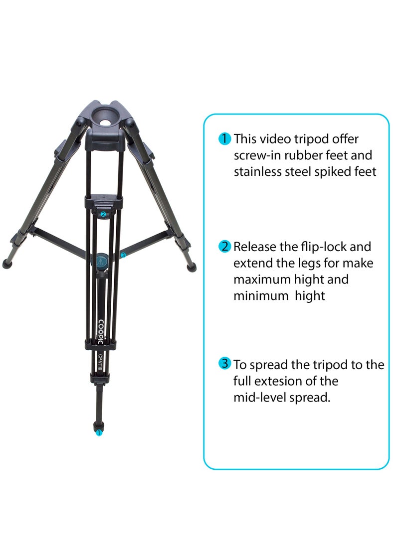 Coopic CP-VT10 Professional Heavy Duty Aluminum Alloy Video Tripod 360° Degree Fluid Drag Head Max Height 170cm Compatible with Sony Canon Nikon DSLR Shooting Load up to 10KG  - Image 3