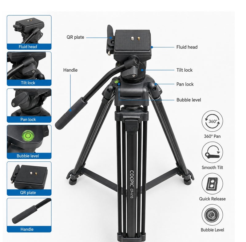 Coopic CP-VT10 Professional Heavy Duty Aluminum Alloy Video Tripod 360° Degree Fluid Drag Head Max Height 170cm Compatible with Sony Canon Nikon DSLR Shooting Load up to 10KG - Image 2