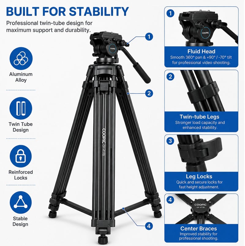 Coopic CP-VT10 Professional Heavy Duty Aluminum Alloy Video Tripod 360° Degree Fluid Drag Head Max Height 170cm Compatible with Sony Canon Nikon DSLR Shooting Load up to 10KG - Image 3