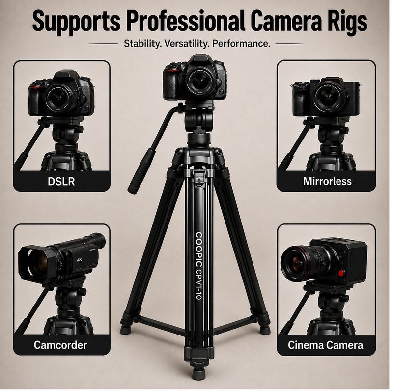 Coopic CP-VT10 Professional Heavy Duty Aluminum Alloy Video Tripod 360° Degree Fluid Drag Head Max Height 170cm Compatible with Sony Canon Nikon DSLR Shooting Load up to 10KG - Image 4