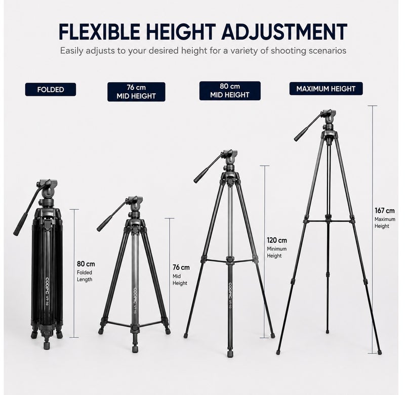 Coopic CP-VT10 Professional Heavy Duty Aluminum Alloy Video Tripod 360° Degree Fluid Drag Head Max Height 170cm Compatible with Sony Canon Nikon DSLR Shooting Load up to 10KG - Image 5