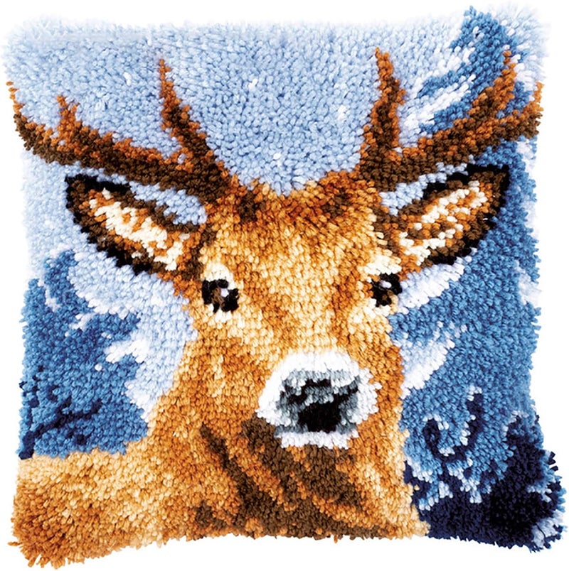 ZFFLYH Latch Hook Kit Pillow Deer Pillow Cover Sofa Cushion Mat DIY Craft Needlework Crocheting Embroidery Shaggy Home Decoration 17" X 17" - Image 1