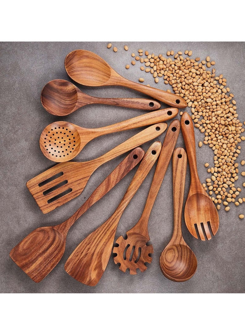 أنمي مجموعة أدوات مطبخ خشبية 9 قطع، أدوات طهي من خشب الساج مع ملعقة وملاعق وشوكة، أدوات خَبز وطهي بجودة ممتازة - Image 3