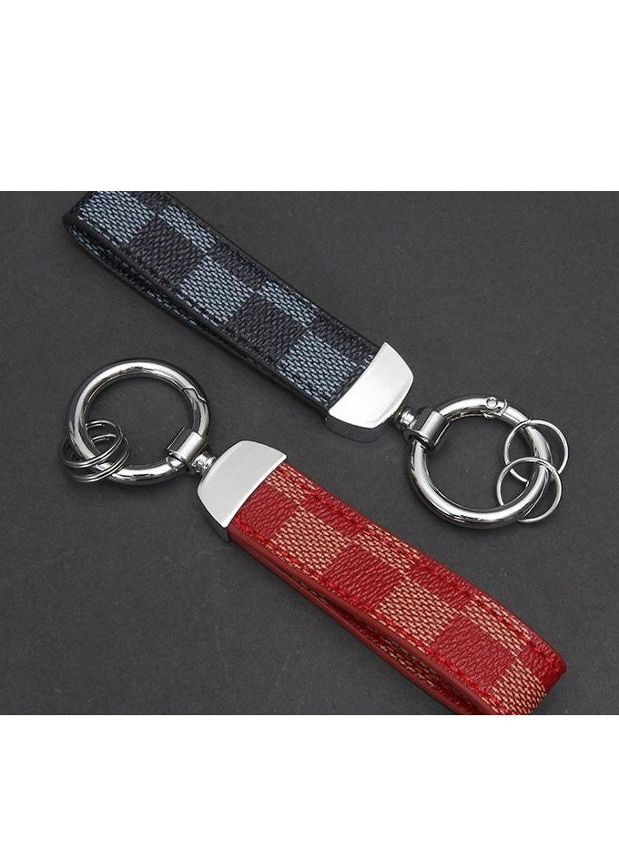 Generic - Red Plaid PU Leather Car Keychain – Zinc Alloy 360° Rotating Ring, Universal Wrist Strap Key Holder for Car/Home/Bag, Keychain with Screwdriver – Stylish Check Pattern** - Image 1