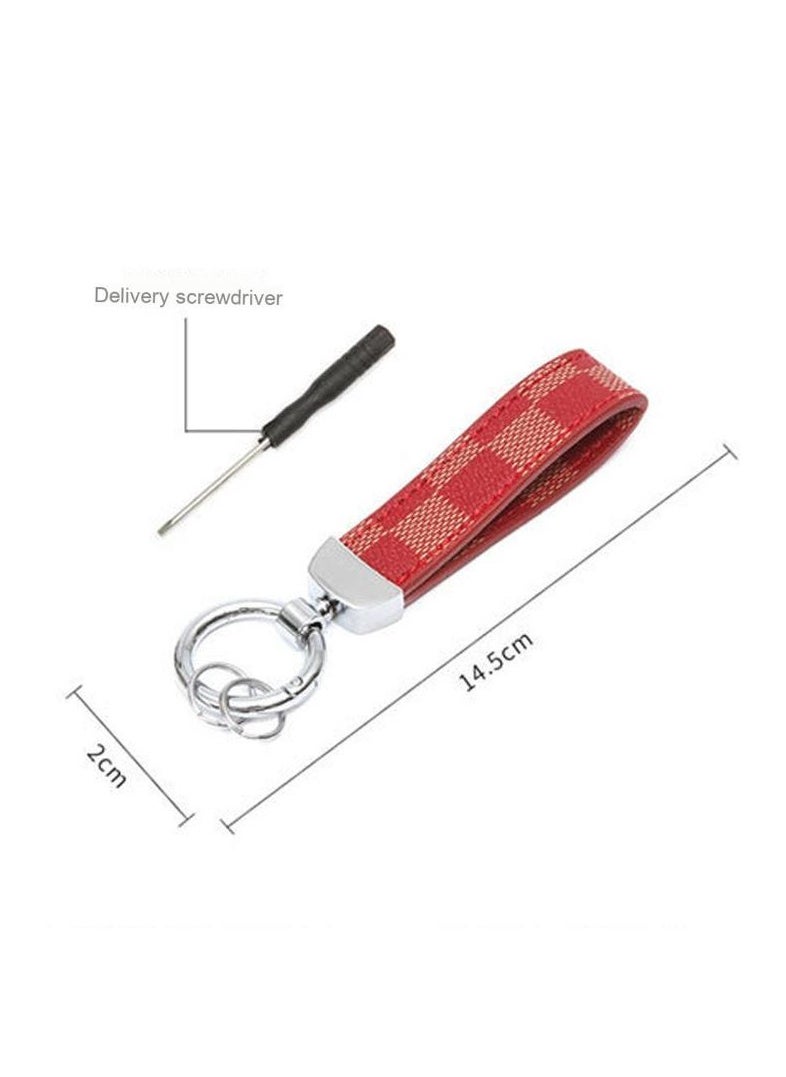 Generic - Red Plaid PU Leather Car Keychain – Zinc Alloy 360° Rotating Ring, Universal Wrist Strap Key Holder for Car/Home/Bag, Keychain with Screwdriver – Stylish Check Pattern** - Image 1