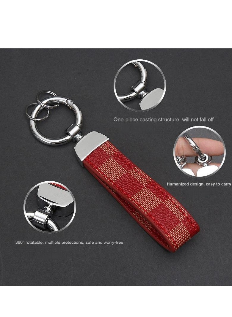 Generic - Red Plaid PU Leather Car Keychain – Zinc Alloy 360° Rotating Ring, Universal Wrist Strap Key Holder for Car/Home/Bag, Keychain with Screwdriver – Stylish Check Pattern** - Image 1