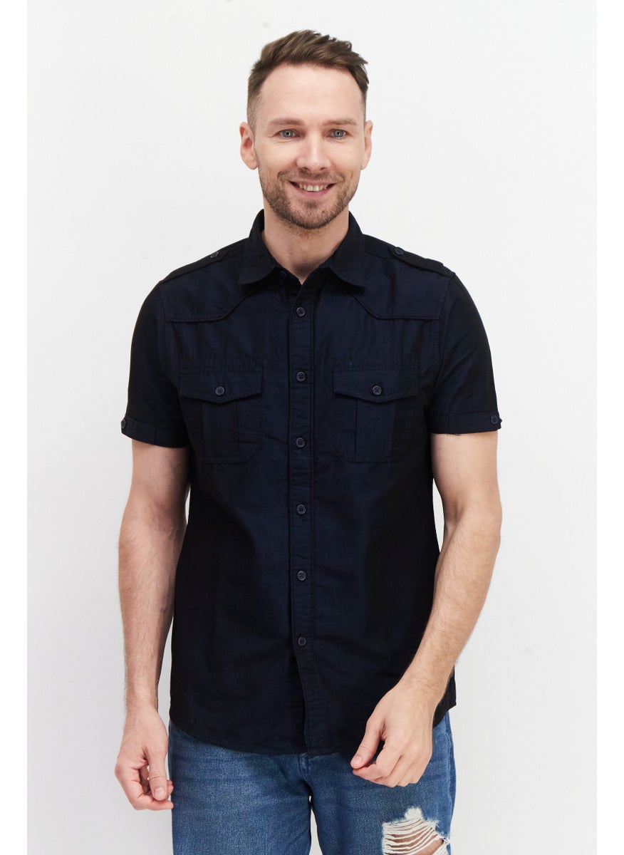 Cultura New York Men Regular Fit Short Sleeves Micro Stripe Casual Shirt, Navy  - Image 1