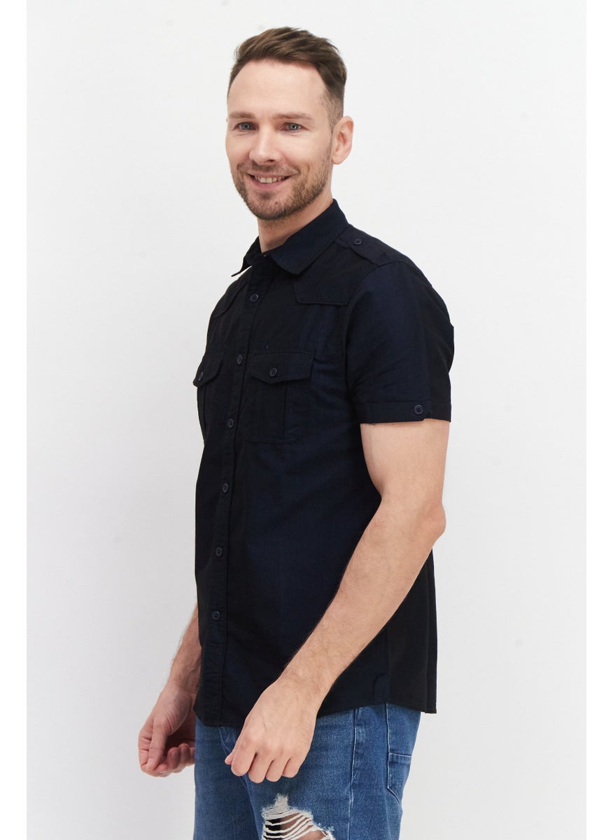 Cultura New York Men Regular Fit Short Sleeves Micro Stripe Casual Shirt, Navy  - Image 3