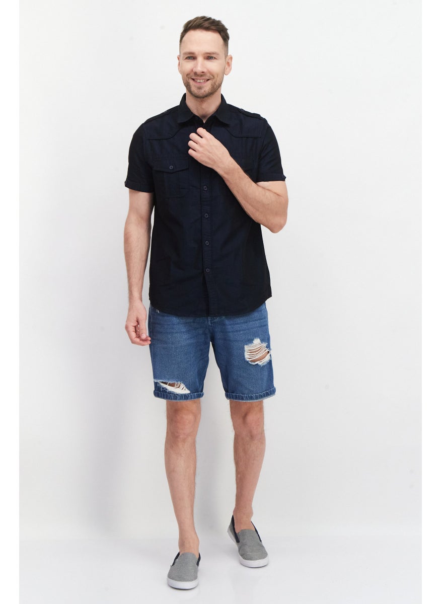 Cultura New York Men Regular Fit Short Sleeves Micro Stripe Casual Shirt, Navy  - Image 4