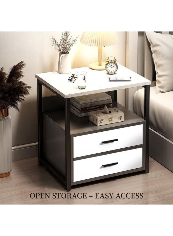 طاولة جانبية، طاولات بجانب السرير مع رف تخزين ودرج، طاولة جانبية عصرية، خزانة تخزين لغرفة النوم، طاولة جانبية خشبية لغرفة المعيشة وغرفة النوم، 40*34*50 سم (أبيض) - Image 1