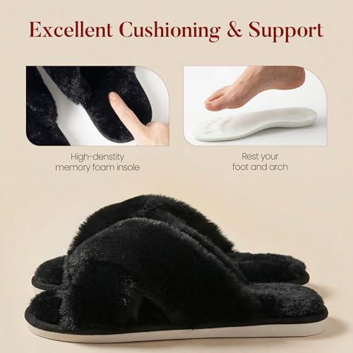 Ankis Women's Fuzzy Slippers Cross Band Memory Foam Open Toe Comfy Soft House Shoes Anti-Slip Indoor Outdoor Gifts for Women - Image 4