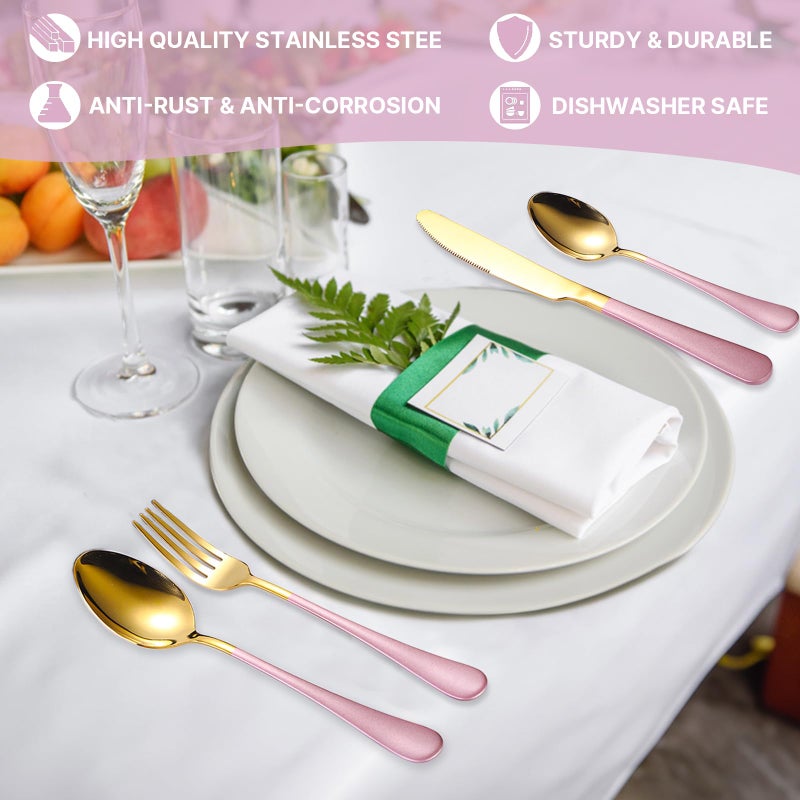Caliamary 24 Pieces Flatware Set, Caliamary Stainless Steel Flatware Set with Silverware Holder Spoons Forks Knives,Utensils Set Service for 6,Gold Mirror Polished and Matte Pink Painted (Pink)â€¦ - Image 4