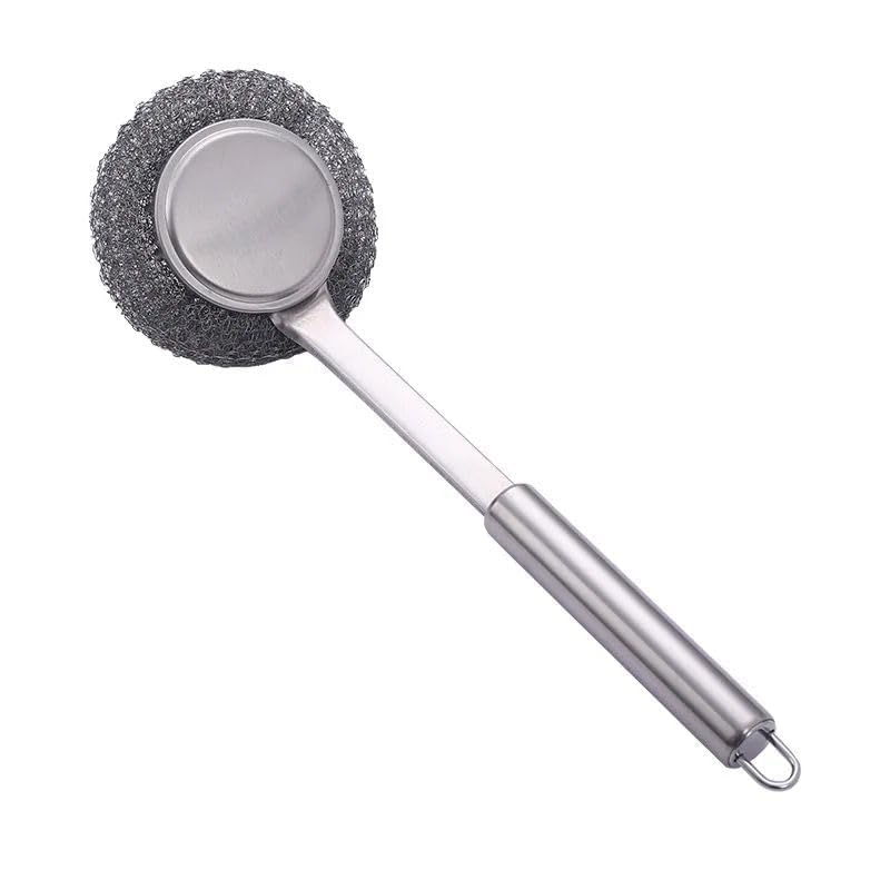 Ncry Stainless Steel Scrubber Metal Scrubber Brush for Dishes Pot Dish Cookware Cleaner with Handle Long Handle Brush Steel Ball Brush Pot Dish Scrubber Dish Brush Steel Wool Handle Multicolor
