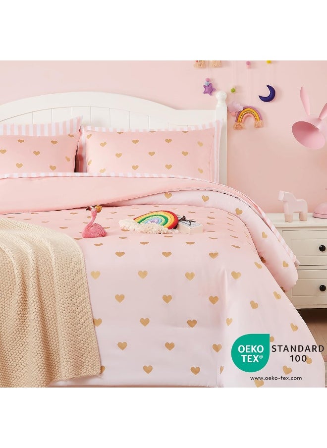 Generic Wink Deer Kids Pink Bedding Sets, 5 Piece Twin Comforter Set with Sheets, Gold Heart Shaped Pink Cute Bedding for Girls, Twin Bed in a Bag  - Image 3