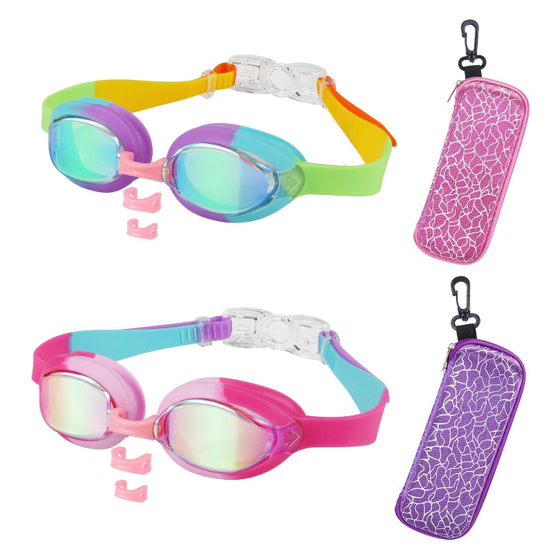 RUIGAO Swimming Goggles Kids 6-14, Anti Fog/Mirrored/UV Protection Pink/Rainbow Swim goggles with Case for Kids/Yoouth/Adult - Image 1
