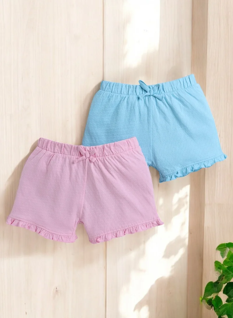 victor and jane Victor and Jane Girls' Jacquard Shorts with Elasticated Waistband and Ruffle Trim- Pink and Blue-Pack of 2