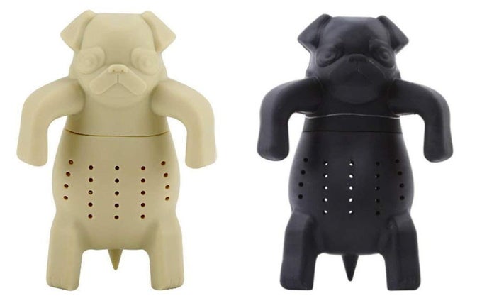 SET OF 2 BLACK TAN DOG PUG SHAPE TEA INFUSERS LOOSE LEAF STRAINER HERBAL FRUIT TEA FILTER DIFFUSER FOOD GRADE SILICONE ADD FUN TO TEA TIME