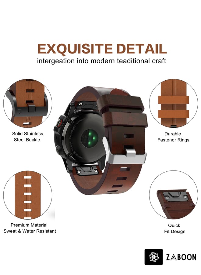 Zaboon Garmin Fenix 7X Solar 26mm Leather Steel Buckle Watch Band - Image 4