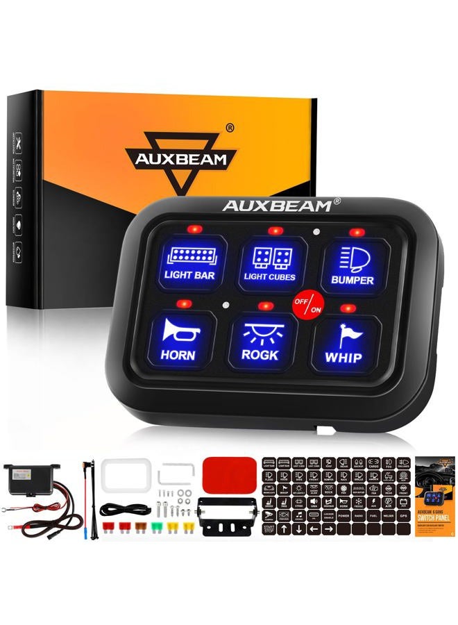 Auxbeam لوحة مفاتيح 6 Gang، نظام تحكم دائري عالمي مع صندوق ريلاي مع مفتاح LED قابل للتعتيم تلقائيًا لمركبة البيك أب والشاحنة والقارب وUTV وSUV (أزرق) - Image 1