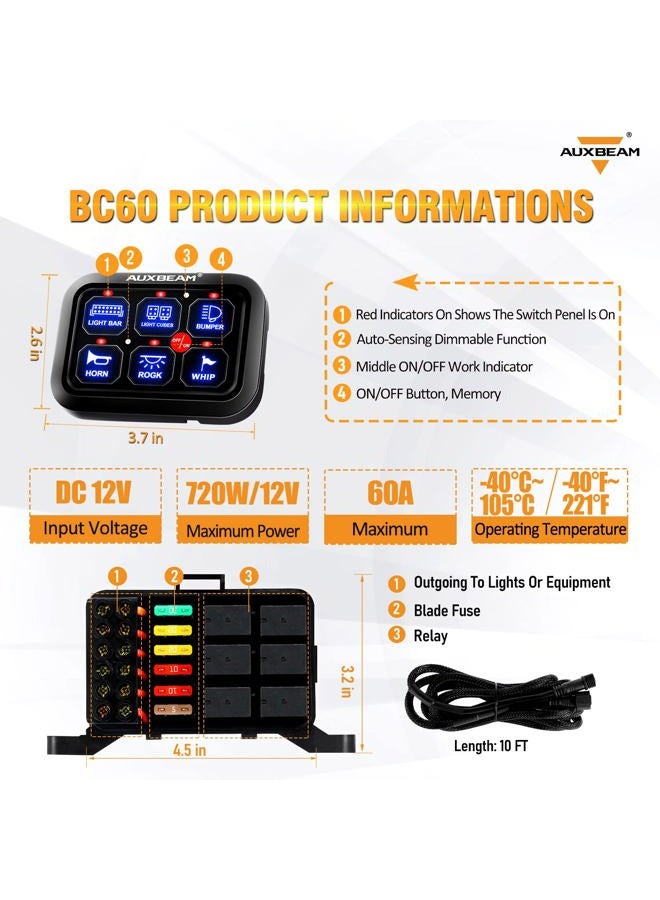 Auxbeam لوحة مفاتيح 6 Gang، نظام تحكم دائري عالمي مع صندوق ريلاي مع مفتاح LED قابل للتعتيم تلقائيًا لمركبة البيك أب والشاحنة والقارب وUTV وSUV (أزرق) - Image 2