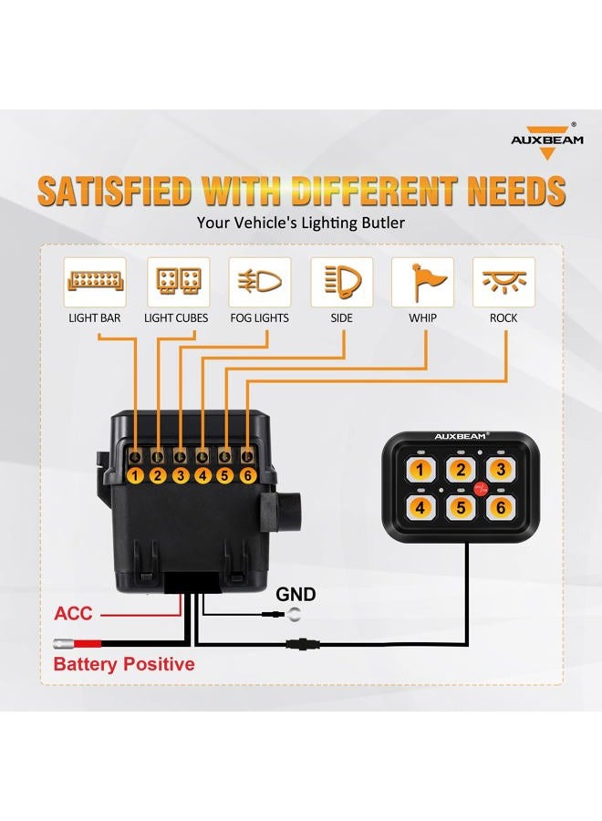 Auxbeam لوحة مفاتيح 6 Gang، نظام تحكم دائري عالمي مع صندوق ريلاي مع مفتاح LED قابل للتعتيم تلقائيًا لمركبة البيك أب والشاحنة والقارب وUTV وSUV (أزرق) - Image 5