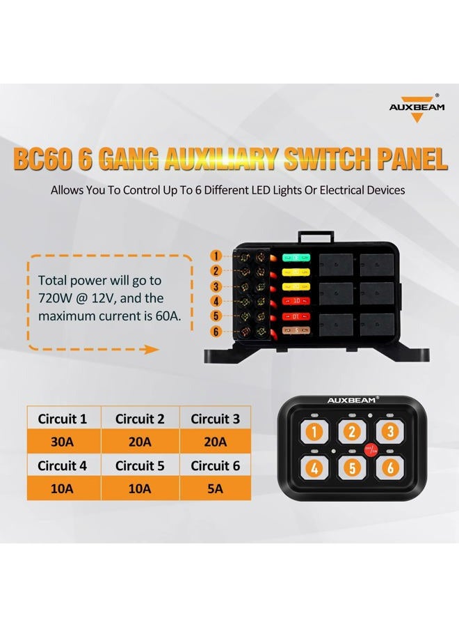 Auxbeam لوحة مفاتيح 6 Gang، نظام تحكم دائري عالمي مع صندوق ريلاي مع مفتاح LED قابل للتعتيم تلقائيًا لمركبة البيك أب والشاحنة والقارب وUTV وSUV (أزرق) - Image 3