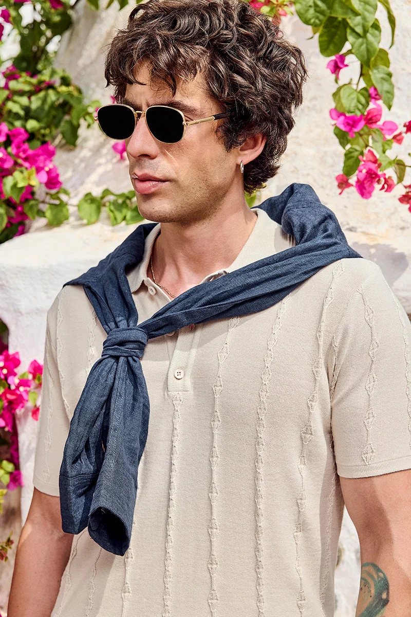 SNITCH Mediterranean Mosaic Luxe Cable Knit Polo T-Shirt