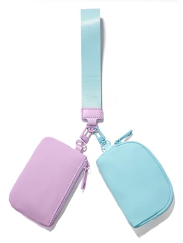 Viverte Mini Zip Around Keychain Wristlet Wallets Small Portable Dual Pounch Wristlet Detachable Coin Purse Pocket Gifts for Women Travel Sports Outdoors (Lavender+Icing Blue) - Image 1