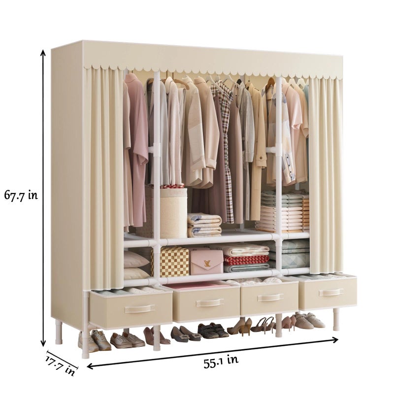 WEALTHYHEART Portable Closet,Garment Rack,Heavy Duty Clothes Rack with Cover,Wardrobe Closet with 3 Hanging Rods, 6 Storage Shelves and 4 Drawers,55.1" L x 17.7" W x 67.7" H,Pale Yellow - Image 3