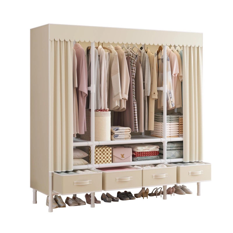 WEALTHYHEART Portable Closet,Garment Rack,Heavy Duty Clothes Rack with Cover,Wardrobe Closet with 3 Hanging Rods, 6 Storage Shelves and 4 Drawers,55.1" L x 17.7" W x 67.7" H,Pale Yellow - Image 1