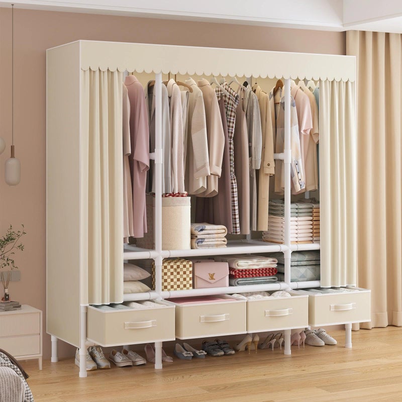 WEALTHYHEART Portable Closet,Garment Rack,Heavy Duty Clothes Rack with Cover,Wardrobe Closet with 3 Hanging Rods, 6 Storage Shelves and 4 Drawers,55.1" L x 17.7" W x 67.7" H,Pale Yellow - Image 2