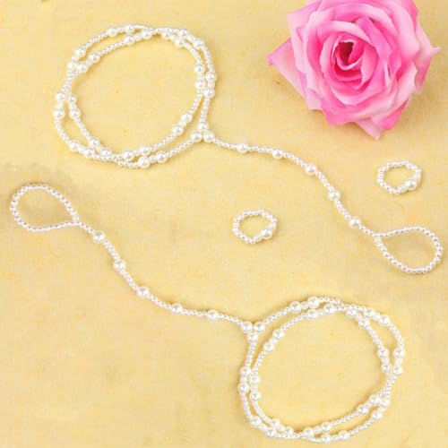 BeeSpring Pearl Anklet Barefoot Jewelry Sandals Beach Chain Toe Wedding Ankle Bracelet Elastic Hand and Foot Chain for Women (2 Sets) - Image 3