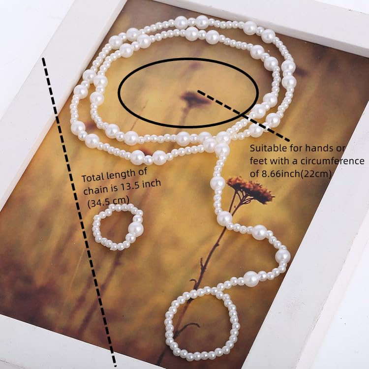 BeeSpring Pearl Anklet Barefoot Jewelry Sandals Beach Chain Toe Wedding Ankle Bracelet Elastic Hand and Foot Chain for Women (2 Sets) - Image 2