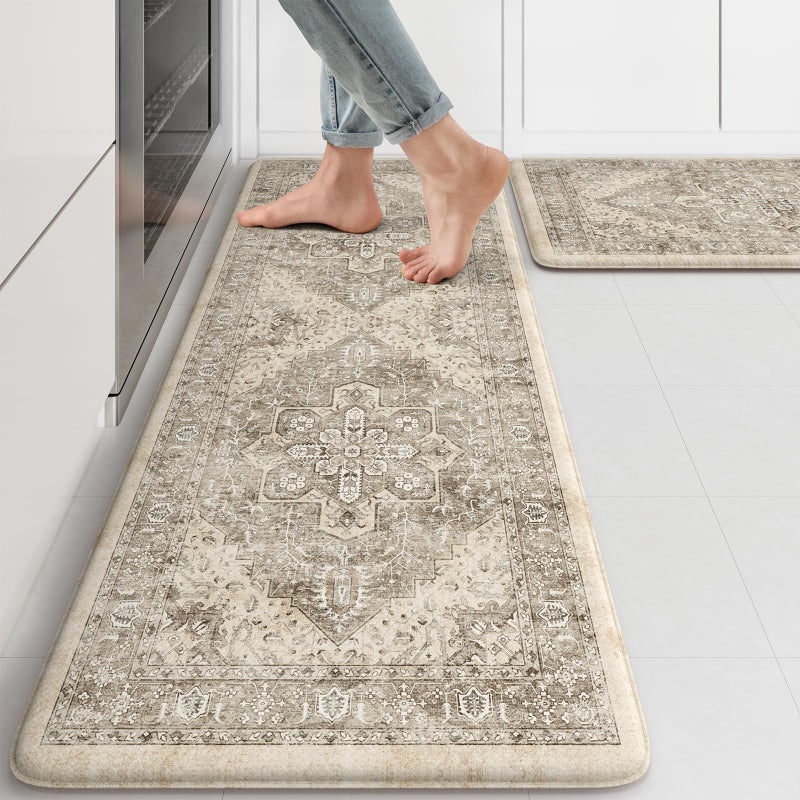 KIMODE Anti Fatigue Kitchen Mats 2 PCS 17"x47"+17"x29", Boho Kitchen Rugs and Mats, Non Slip Cushioned Kitchen Mats for Floor, Waterproof Kitchen Floor Mats for Laundry, Office, Sink, Khaki - Image 1