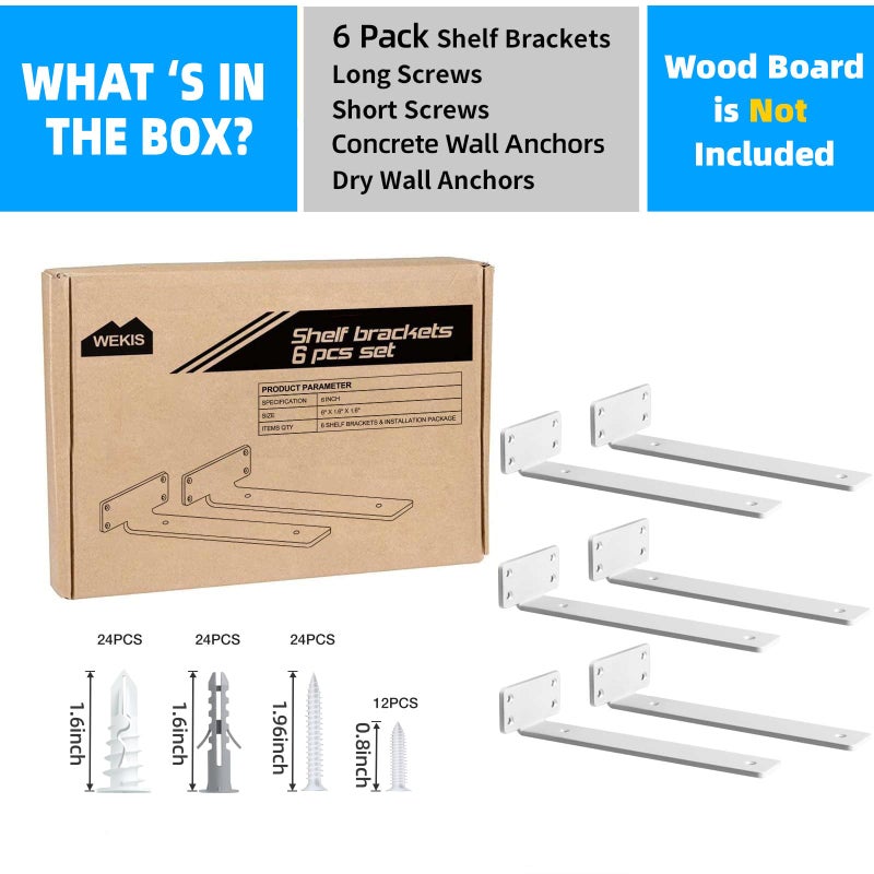 WEKIS 6 Inch Floating Shelf Brackets White, Hidden Invisible L Shelves Brackets, 1/5 Inch Heavy Duty Metal Industrial White Shelf Bracket Hardware Supports, 6 Pack Brackets for Wood Shelves - Image 4