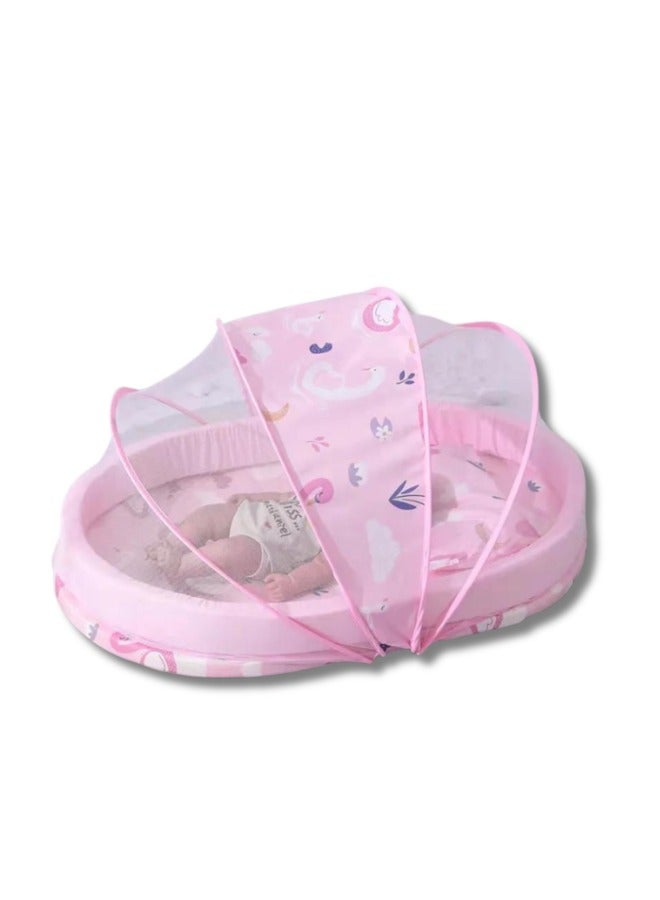 طقم سرير للأطفال مع ناموسية للأولاد قابل للطي وسهل الحمل وأرضية إسفنجية سميكة من القطن ومقاومة للحشرات وسرير للأطفال حديثي الولادة (وردي)