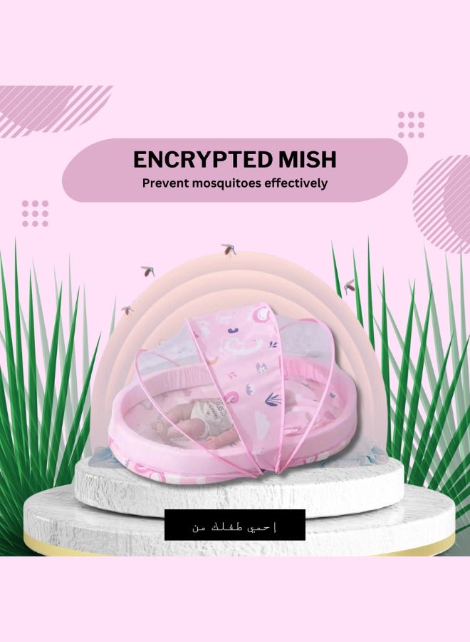 طقم سرير للأطفال مع ناموسية للأولاد قابل للطي وسهل الحمل وأرضية إسفنجية سميكة من القطن ومقاومة للحشرات وسرير للأطفال حديثي الولادة (وردي)