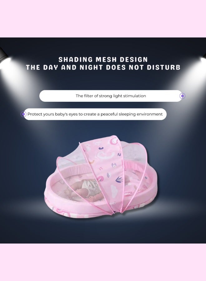 طقم سرير للأطفال مع ناموسية للأولاد قابل للطي وسهل الحمل وأرضية إسفنجية سميكة من القطن ومقاومة للحشرات وسرير للأطفال حديثي الولادة (وردي)