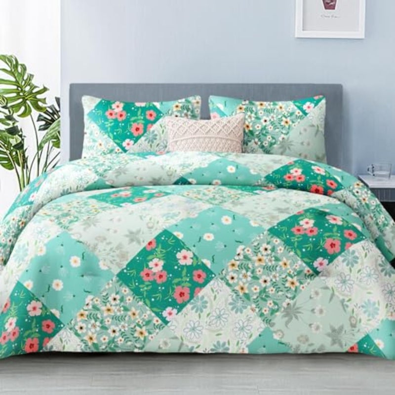 7.5 Tog King Duvet Set, Soft Reversible Coverless Oversized Comforter Set with 2 Pillowcases, Patchwork Printed Down Alternative Bedding Comforters for All Seasons, 200x230cm Lightweight Quilt, 2 Pillowcase 50×75cm, Soft Microfibre Bed Cover Bedding, All Seasons, Machine Washable - Image 1