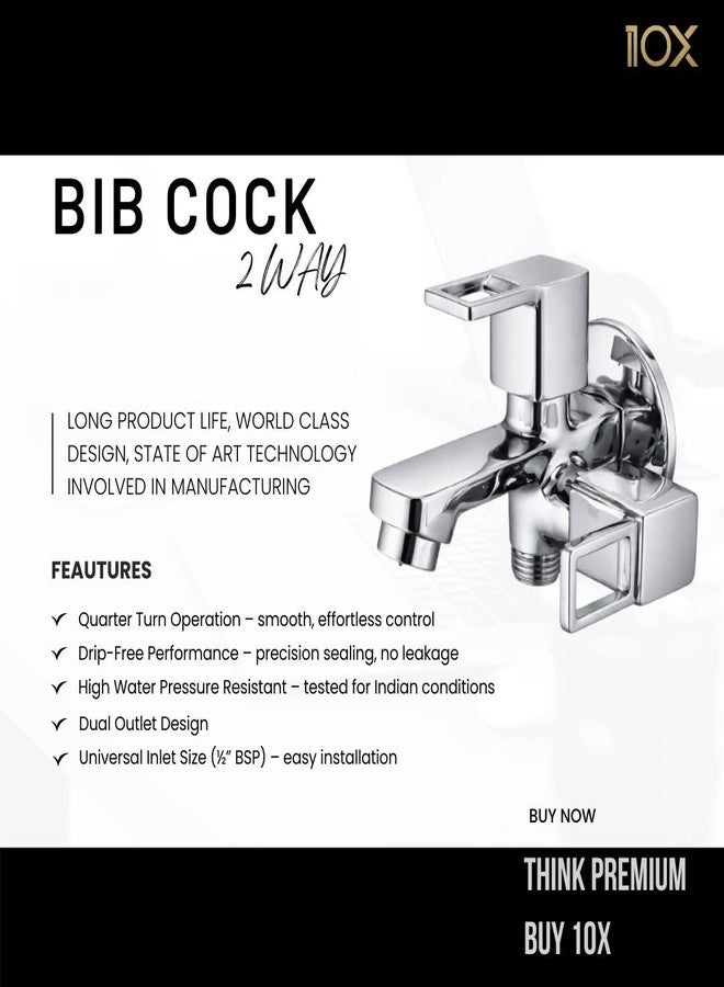 10X Bib Cock Two Way LC-8006 for | Dual Outlet Wall Mounted Tap with Aerator | Heavy Brass Cartridge | Chrome Plated | Compatible with Health Faucet/Jet - Image 2
