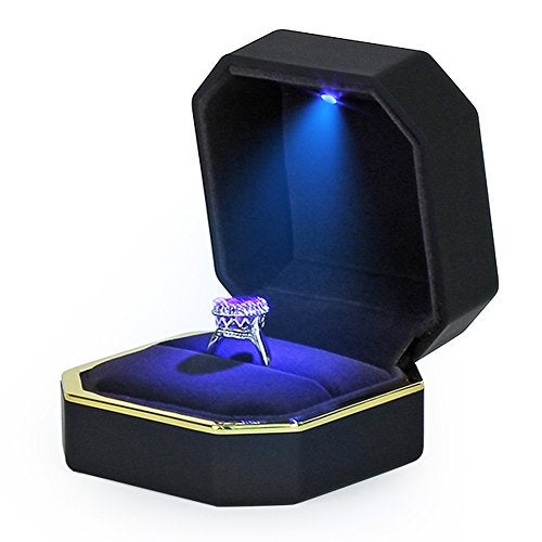 AVESON Luxury Ring Box, Square Velvet Wedding Ring Case Jewelry Gift Box with LED Light for Proposal Engagement Wedding, Black - Image 3