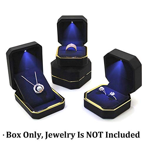 AVESON Luxury Ring Box, Square Velvet Wedding Ring Case Jewelry Gift Box with LED Light for Proposal Engagement Wedding, Black - Image 5