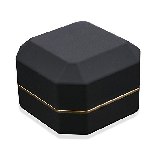 AVESON Luxury Ring Box, Square Velvet Wedding Ring Case Jewelry Gift Box with LED Light for Proposal Engagement Wedding, Black - Image 2