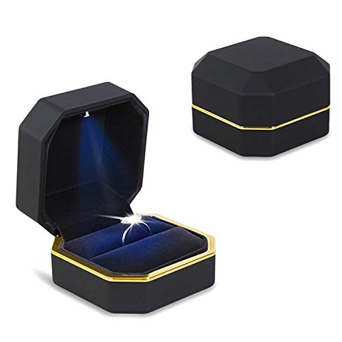 AVESON Luxury Ring Box, Square Velvet Wedding Ring Case Jewelry Gift Box with LED Light for Proposal Engagement Wedding, Black - Image 4