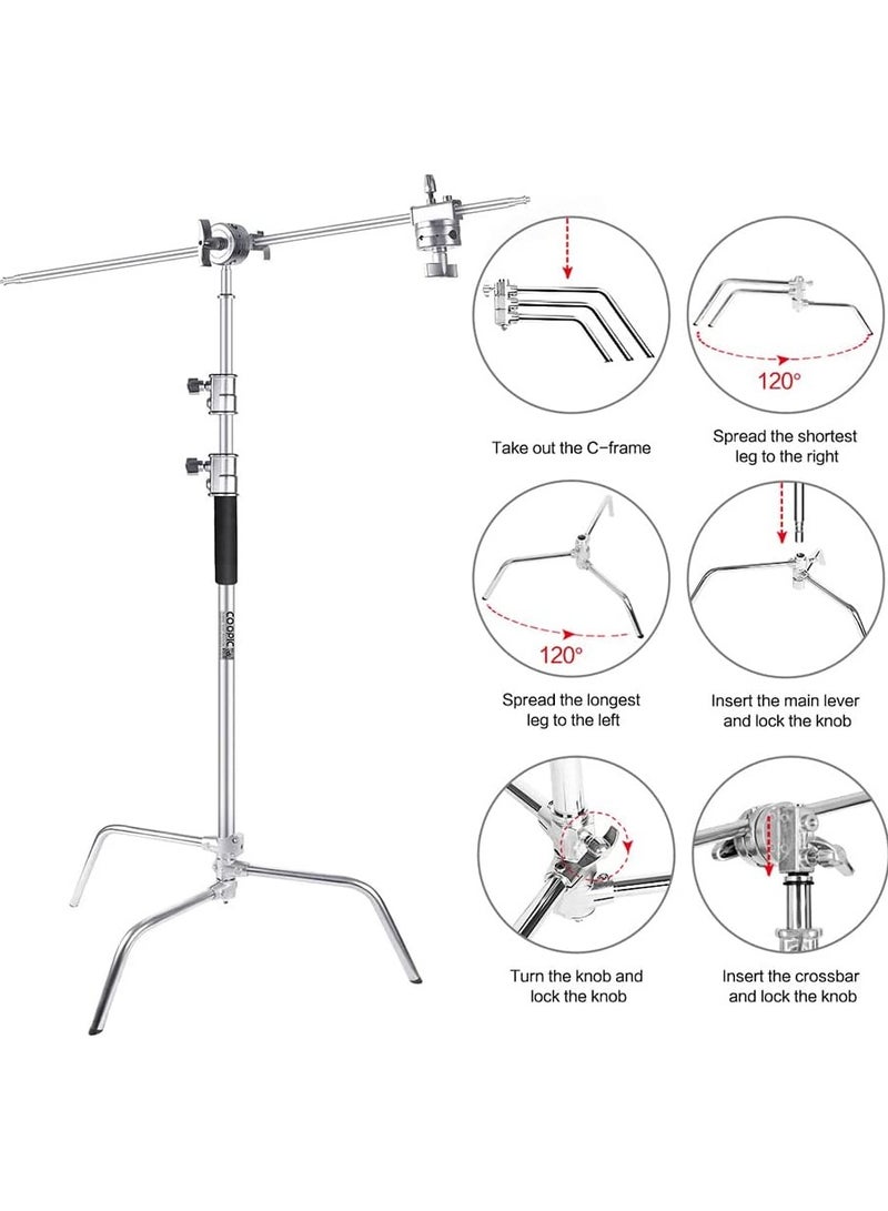 COOPIC C Stand Stainless Steel 330cm/10ft Max. Height Studio Photo Video 4 feet Holding Arm Grip with Turtle Base for Light Reflector (3 PACK) - Image 2